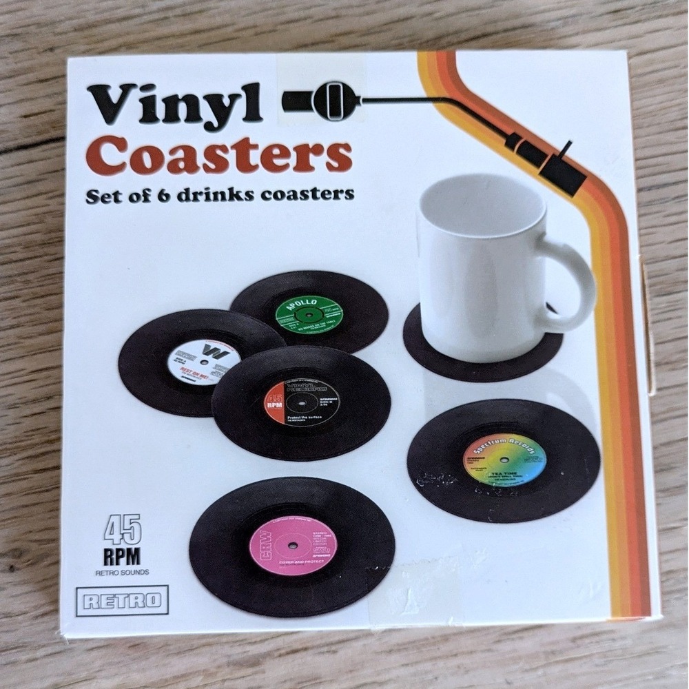 Retro Vinyl Record Coasters Set of 6 Black‎ Multi Unisex OS Vintage Style 45 RPM